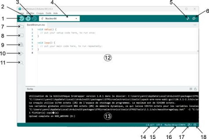 Screenshot from the Arduino IDE, menu command Tools → Serial Port → COM14 shown