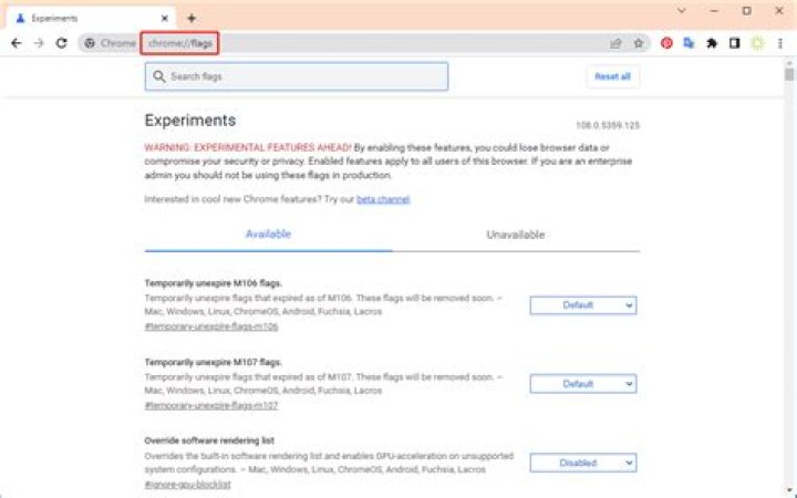 Screenshot of Chrome’s flags page