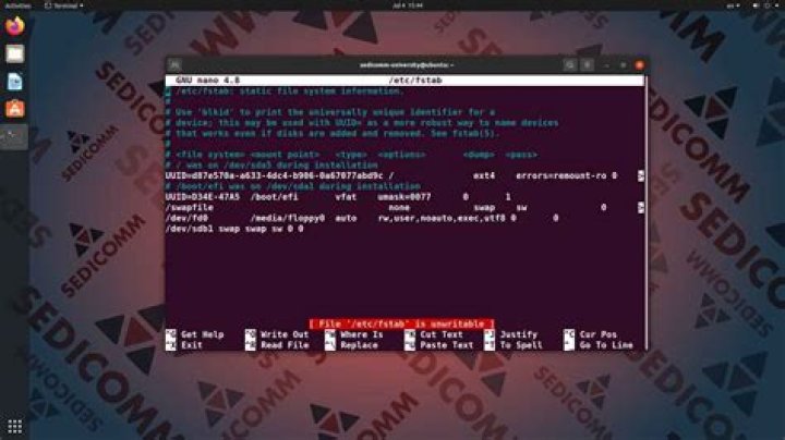 screenshot of fstab in terminal