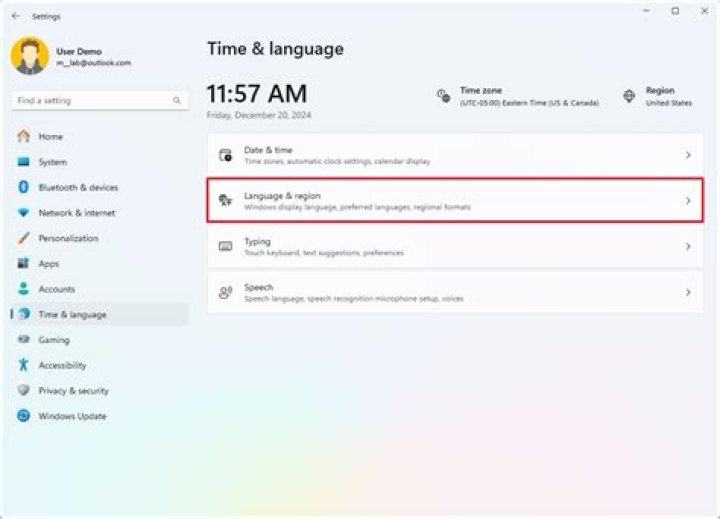 Screenshot of Settings > Region & Language