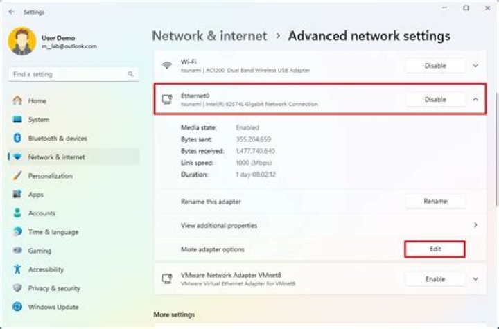 Screenshot of the network settings