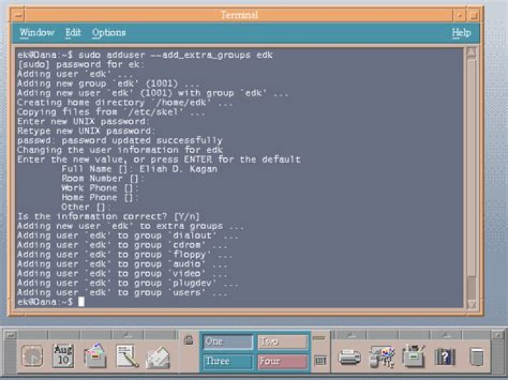 screenshot showing adduser, run in a desktop environment that doesn't provide user management utilities of its own
