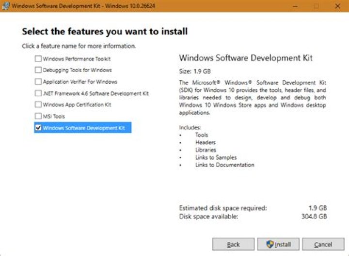 SDK Feauture Selection Window