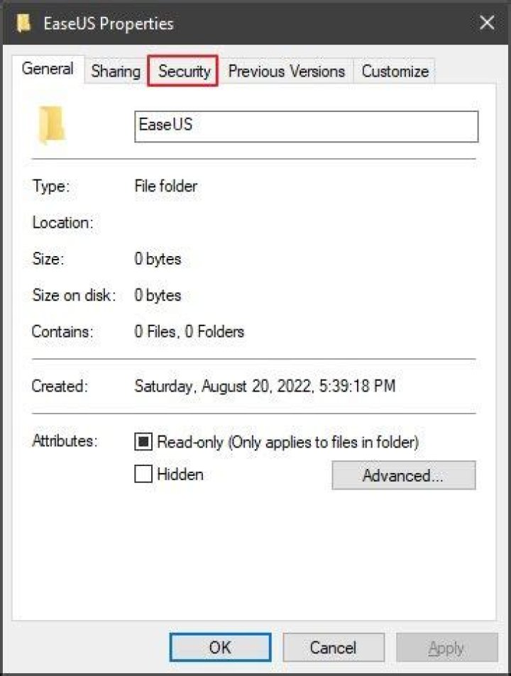 security tab of test folder's properties