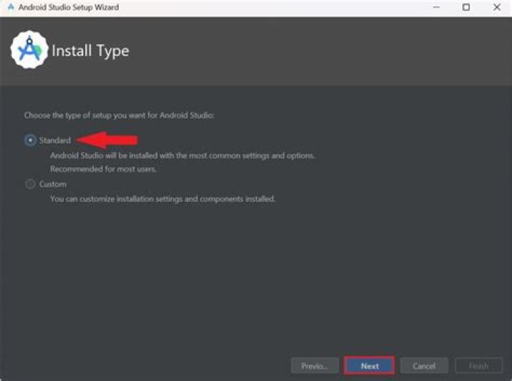 Select Android studio install type