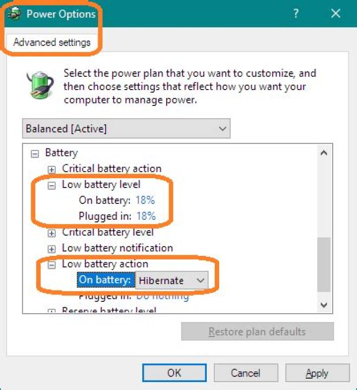 Setting Hibernate on low battery