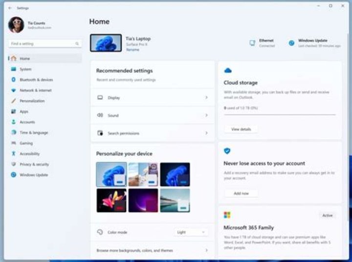 Settings page