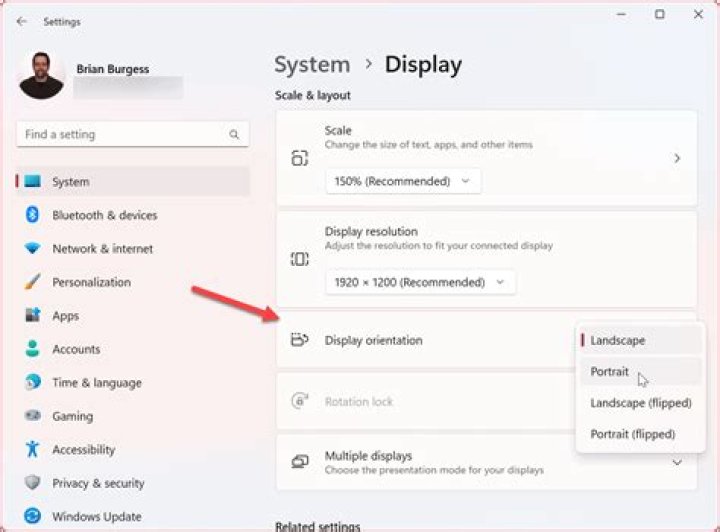 Settings to rotate display by 90 degrees