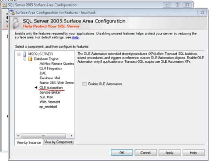 SQL Server blocked access to procedure 'sys.sp_OACreate' of component 'Ole Automation Procedures'