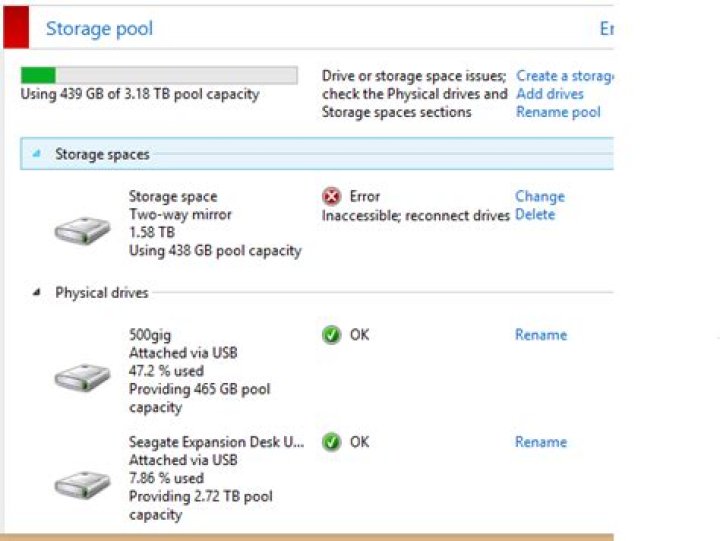 Storage Space Error Inaccessible; Reconnect Drives