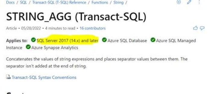 STRING_AGG is not a recognized built-in function name