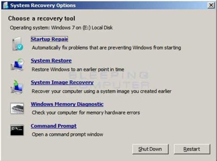 System Recovery Options dialog
