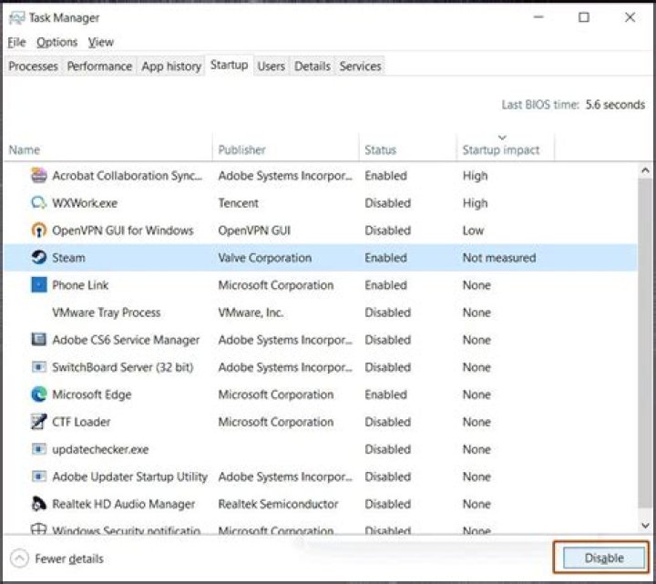 Task Manager, Start-up, Steam Client Bootstrapper, Dropdown menu, Disable