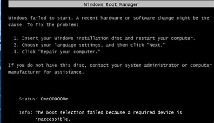 The boot selection failed because a required device is inaccessible 0xc000000e