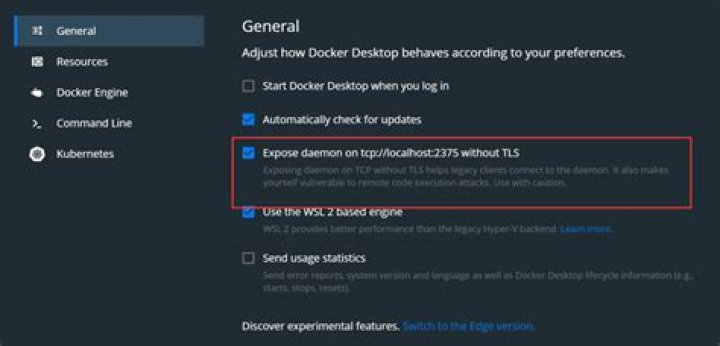 Want to enable 'expose docker daemon on tcp//localhost:2375 without tls' on docker toolbox on wls