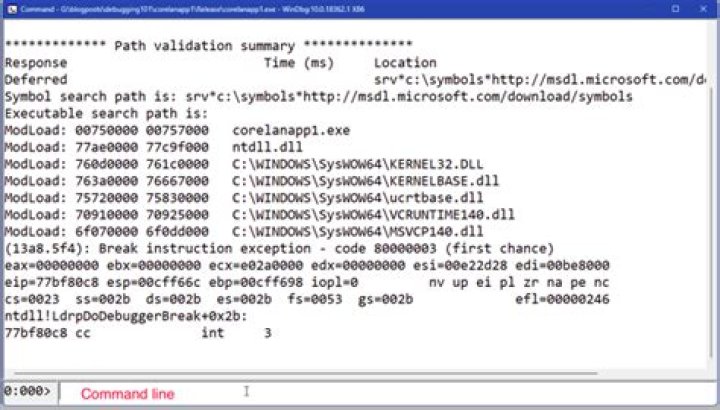 What does the WinDbg command prompt indicate?
