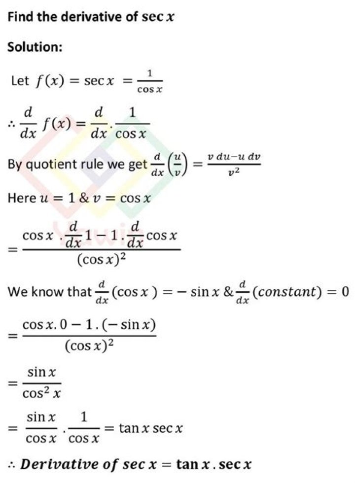 Which step in deriving the derivative of $sec(x)$ is wrong?