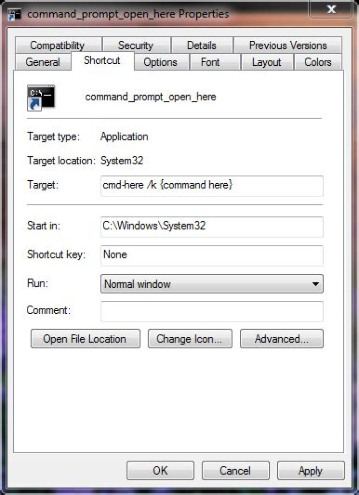 Windows 7: Opening Command Prompt with Shortcut Icon in Directory of Icon