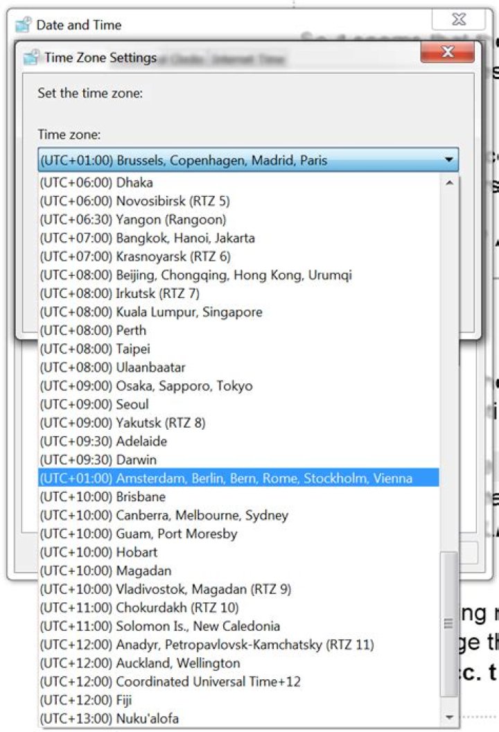 Windows 7 thinks that the UTC+1 Amsterdam time zone is really an UTC+10 time zone