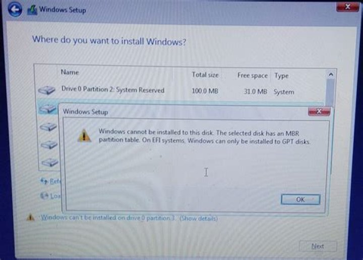 Windows cannot be installed on this drive - MBR partition table
