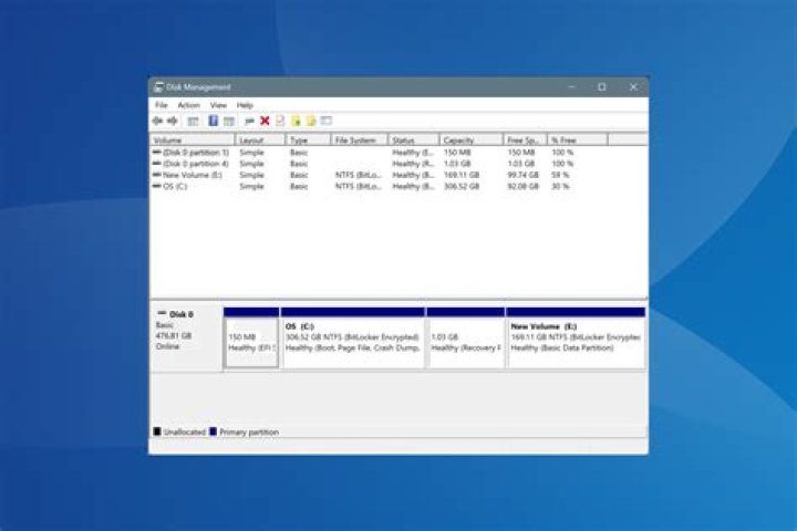 Windows disk management with ESP, 2 primary partitions, recovery partition and 220GB unallocated, third partition left to right