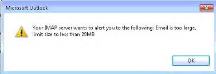Your IMAP server wants to alert you to the following: Email is too large, limit size to less than 20 MB
