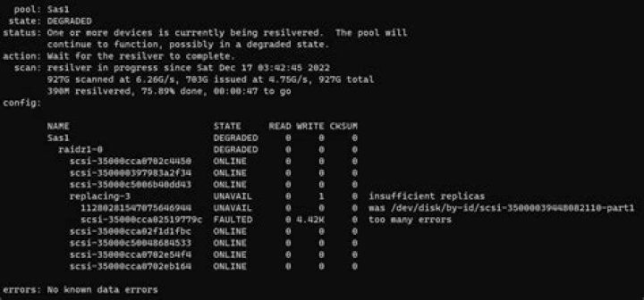 zpool 'replace' vdev failed after resilvering - can't detach